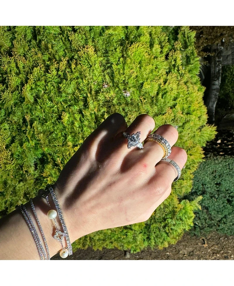 Suzy Levian New York Suzy Levian Sterling Silver Clover White Sapphire and Cultured Pearl Bracelet