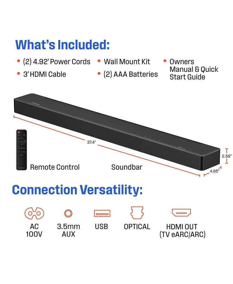 Westinghouse 3.1.2 Channel All-in-One Soundbar with Dolby Atmos and Dolby Digital Plus, Built-in Subwoofer and Dolby Atmos Height Speakers, Bluetooth