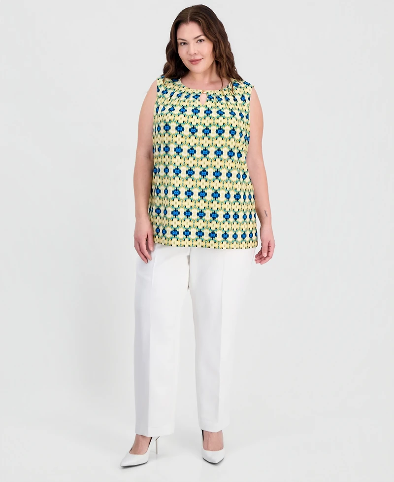 Kasper Plus Keyhole-Cutout Pleated-Neck Top