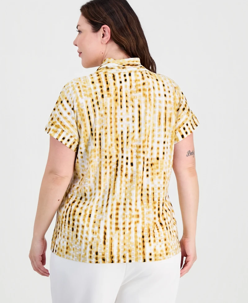 Kasper Plus Printed V-Neck Short-Sleeve Blouse
