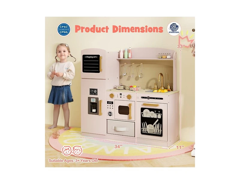 Hongge Wooden Kids Kitchen Playset with Chalkboard, Ice Maker, Sink, Microwave.