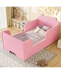 Rainsken Twin Size Wooden Kids Floor Bed Frame, Platform Bed with Bear Headboard and Safety Rails for Boys Girls Ages 3-6
