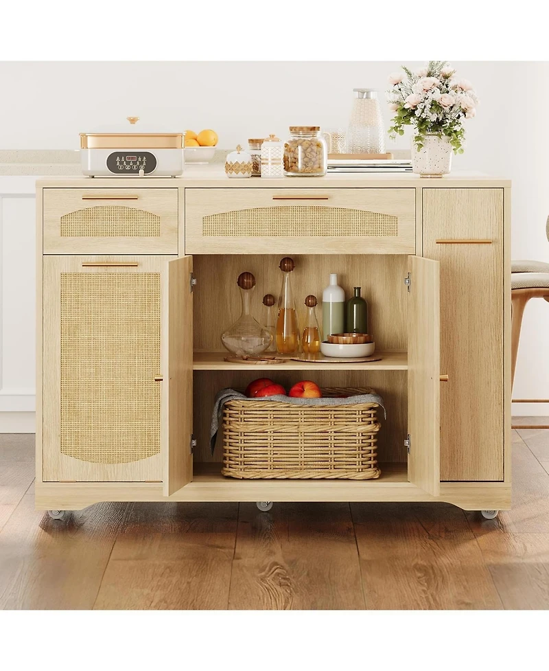 gaomon Rattan Rolling Kitchen Island Table on Wheels with Drop Leaf, Tilt Out Trash Can Cabinet 2 Door, Storage Cabinet, Drawer, Spice Rack