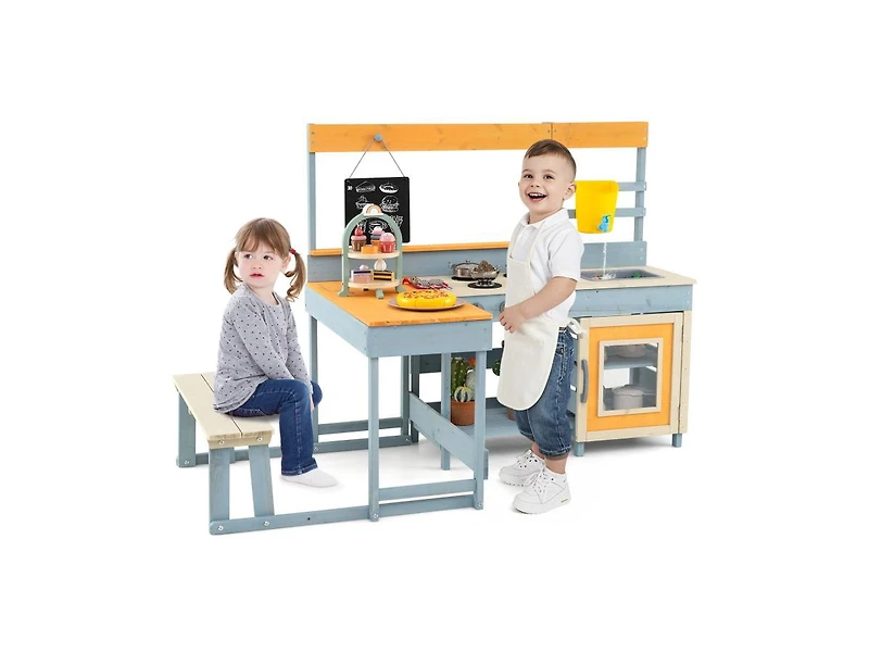 Hongge Fir Wood Play Kitchen with Picnic Table and Built-in Bench for Kids
