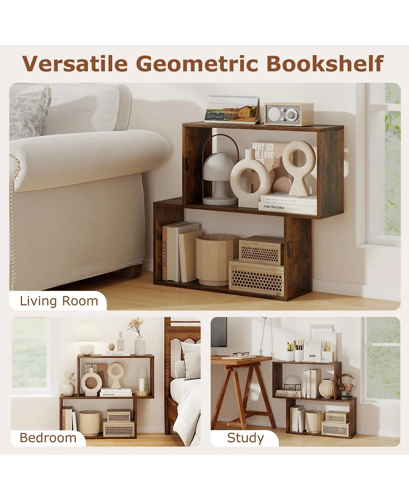 Slickblue 3-Tier Geometric Bookshelf Freestanding Wooden Bookcase with 2 Cubic Compartments