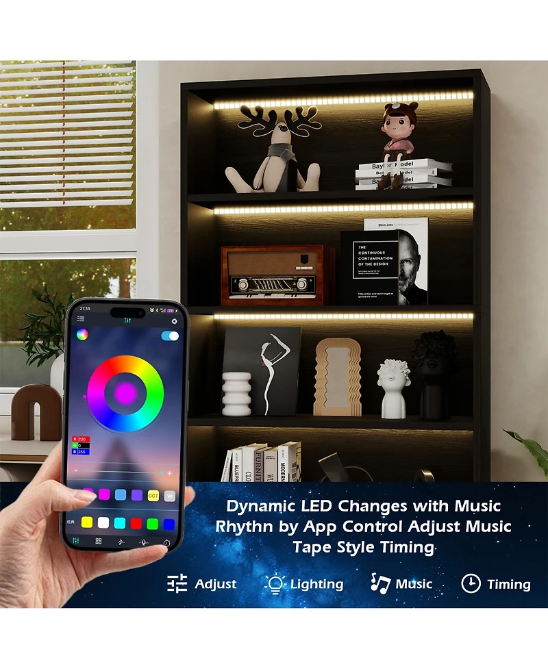 Rainsken 5-Layer Bookshelf, Heavy Duty Free-Standing Bookcase with Led Lighting, Storage Shelves for Living Room, Home Office