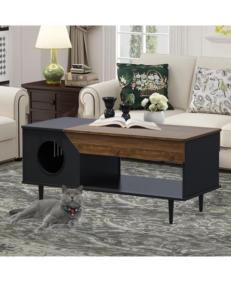 gaomon 45 in Coffee Table Cat Tables Living Room with Storage Drawer, Wooden Rustic Coffee Tables with Cat House, Hidden Kitty Food Table Litter Box
