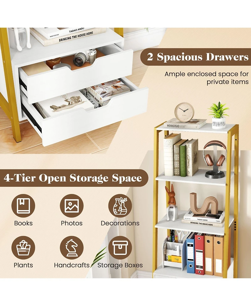 Slickblue Tall 4 Tier Ladder Shelf Bookcase with 2 Drawers Storage Organizer