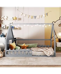 flynama Full Size Wood House Bed Window Fence