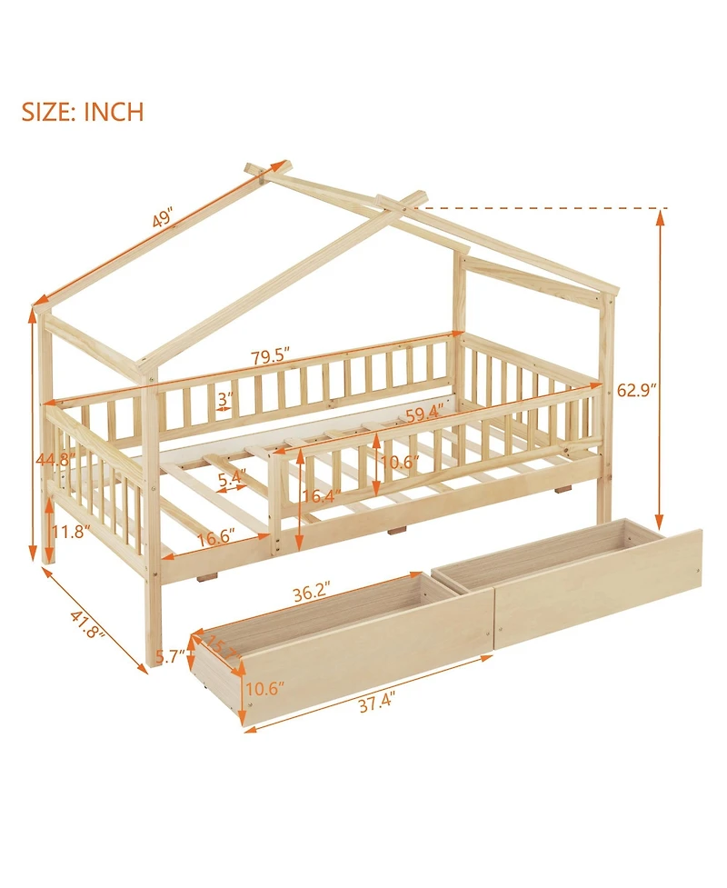 flynama Wooden House Bed Two Drawers