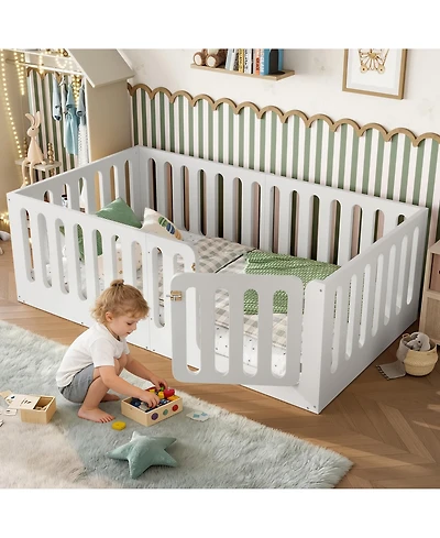 Rainsken Twin Size Floor Bed, Solid Wood Kids Bed Frame with High Fence and Door, Modern Low-Profile Design for Boys Girls, No Box Spring Required