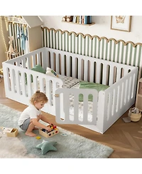 Rainsken Twin Size Floor Bed, Solid Wood Kids Bed Frame with High Fence and Door, Modern Low-Profile Design for Boys Girls, No Box Spring Required