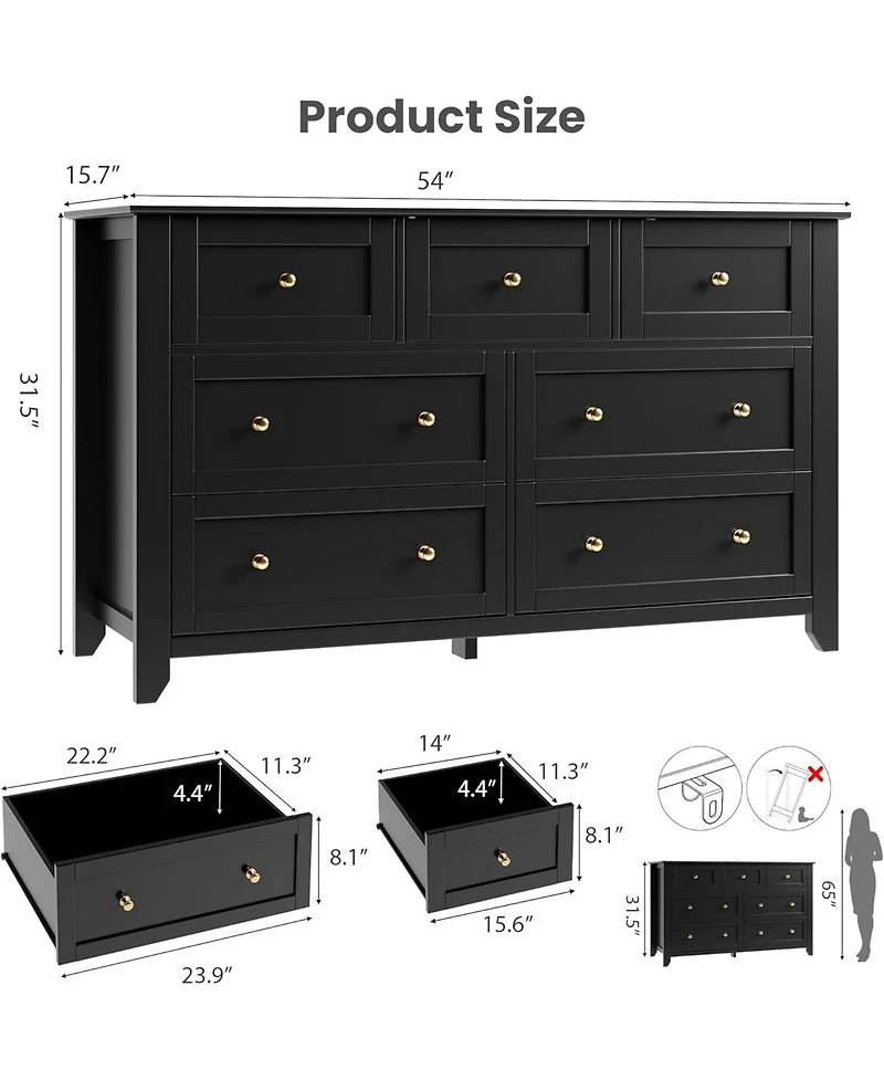 gaomon 7 Drawer Dresser for Bedroom, 54" Wide with Deep Drawers and Metal Knobs, Modern Large Wooden Chests of Entryway