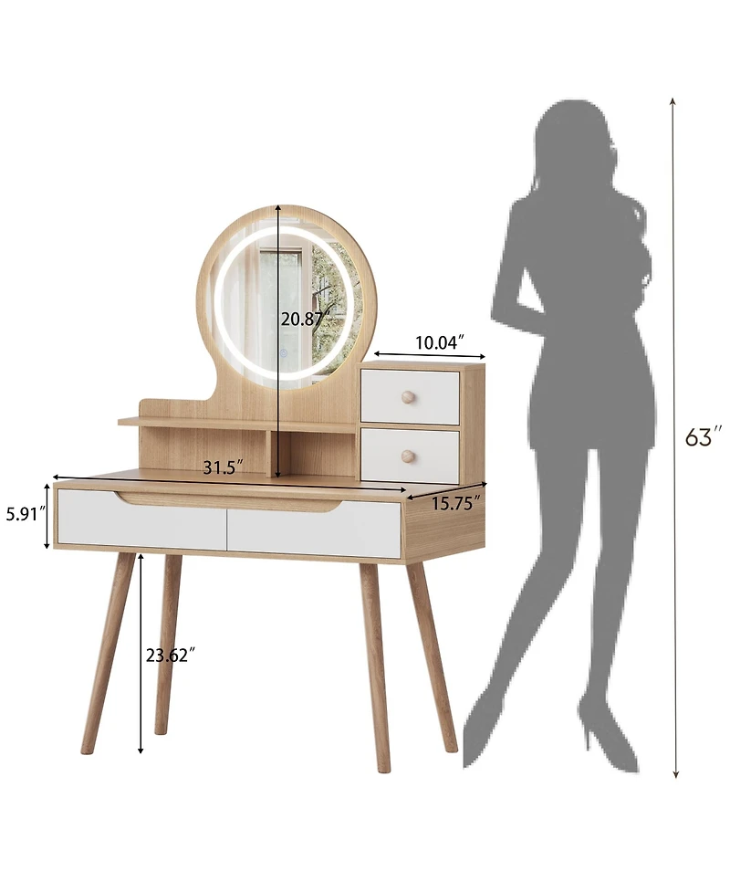 Rainsken Makeup Vanity Desk with Adjustable Lighted Mirror, Dressing Table with Solid Wood Table feet, 3 Open Shelves and 2 Large Drawers for Bedroom