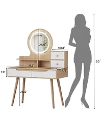 Rainsken Makeup Vanity Desk with Adjustable Lighted Mirror, Dressing Table with Solid Wood Table feet, 3 Open Shelves and 2 Large Drawers for Bedroom