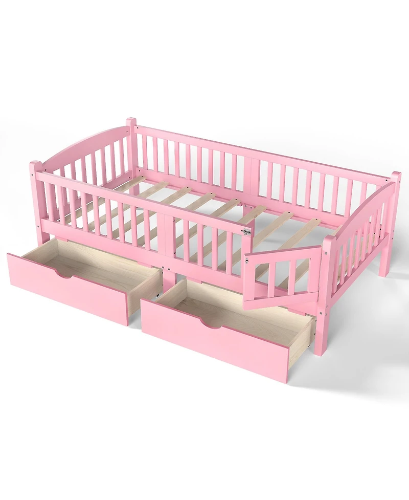 Rainsken Low Profile Platform Bed Frame, Wooden Bed with Storage Drawers and Full Safety Guardrails for Boys Girls, No Box Spring Required