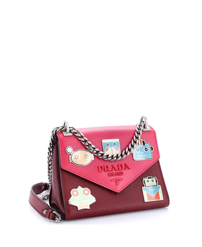 Pre-Owned Prada Small Robot Patches Envelope Flap Chain Shoulder Bag Saffiano Leather