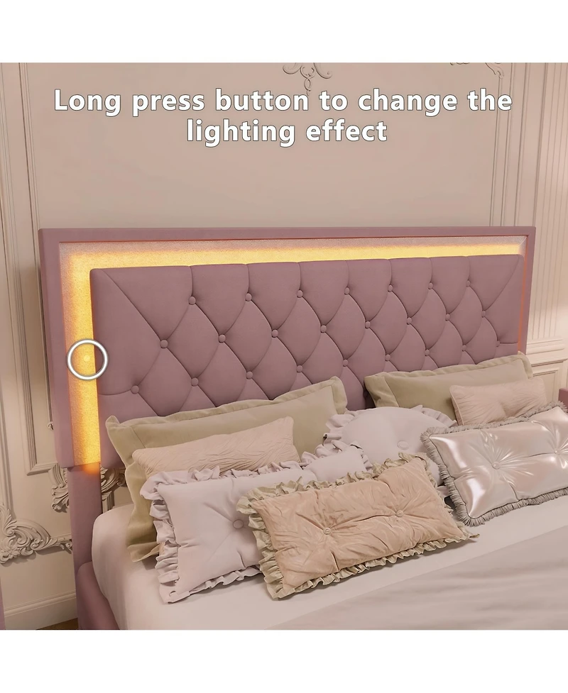flynama Queen Size Velvet Upholstered Bed With Led Lights Tufted Headboard No Box Spring