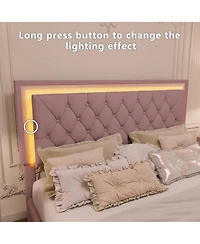 flynama Queen Size Velvet Upholstered Bed With Led Lights Tufted Headboard No Box Spring