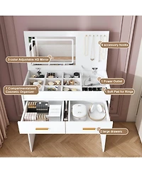 Rainsken Flip Top Vanity Desk, Makeup Vanity Table with Led Lighted Mirror, Built-in Outlet, 2 Drawers, Open Storage and Hooks for Jewelry