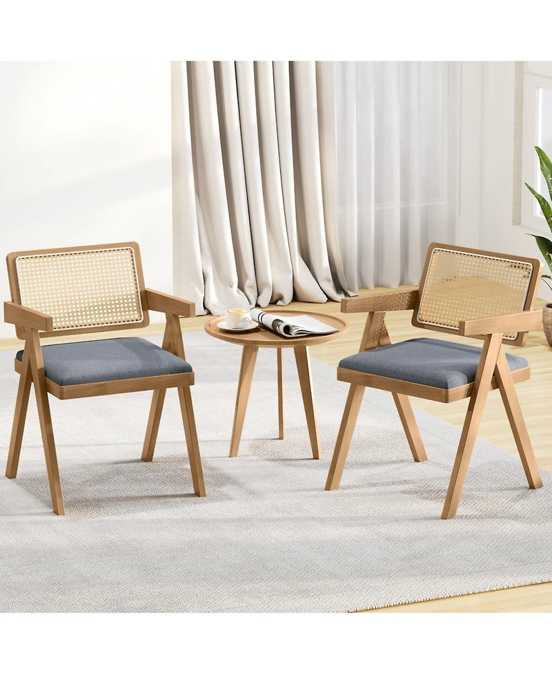 Sugift Set of 2 Rattan Accent Chairs with Padded Cushion and Rubber Wood Frame