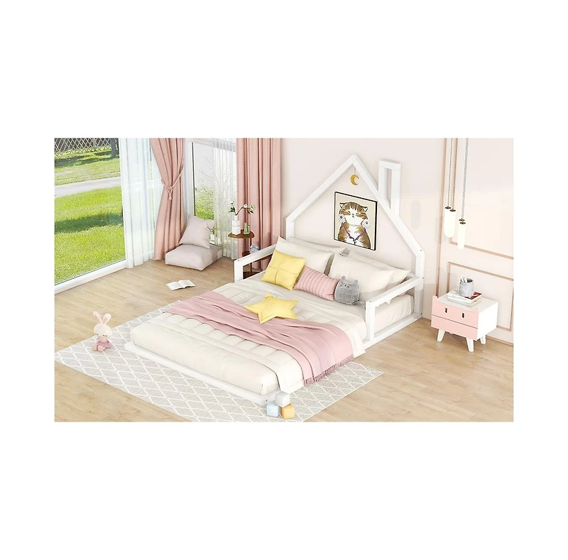 flynama Wood Floor Bed House Shaped Headboard White Pine Mdf No Box Spring