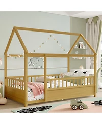 flynama Wooden Floor Bed With House Roof Frame And Fence Guardrails For Kids