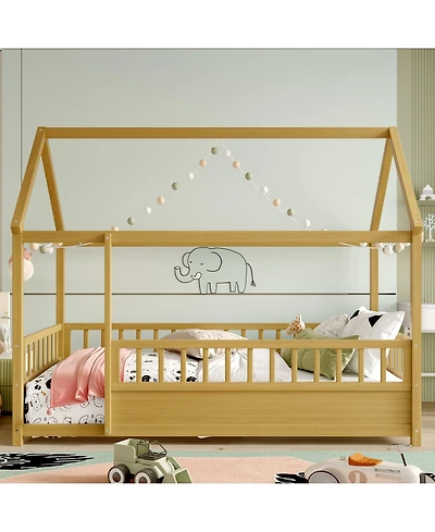 flynama Wooden Floor Bed With House Roof Frame And Fence Guardrails For Kids