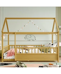 flynama Wooden Floor Bed With House Roof Frame And Fence Guardrails For Kids