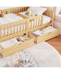 Rainsken Wood Low Bed Frame, Kids Platform Bed with Storage Drawers and Full-Length Guardrails for Children, No Box Spring Needed