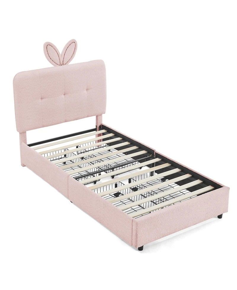 Rainsken Kids Upholstered Bed Frame, Boucle Platform Bed with 4 Storage Drawers, Led Light and Rabbit Ear Shaped Headboard for Boys Girls