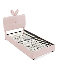 Rainsken Kids Upholstered Bed Frame, Boucle Platform Bed with 4 Storage Drawers, Led Light and Rabbit Ear Shaped Headboard for Boys Girls
