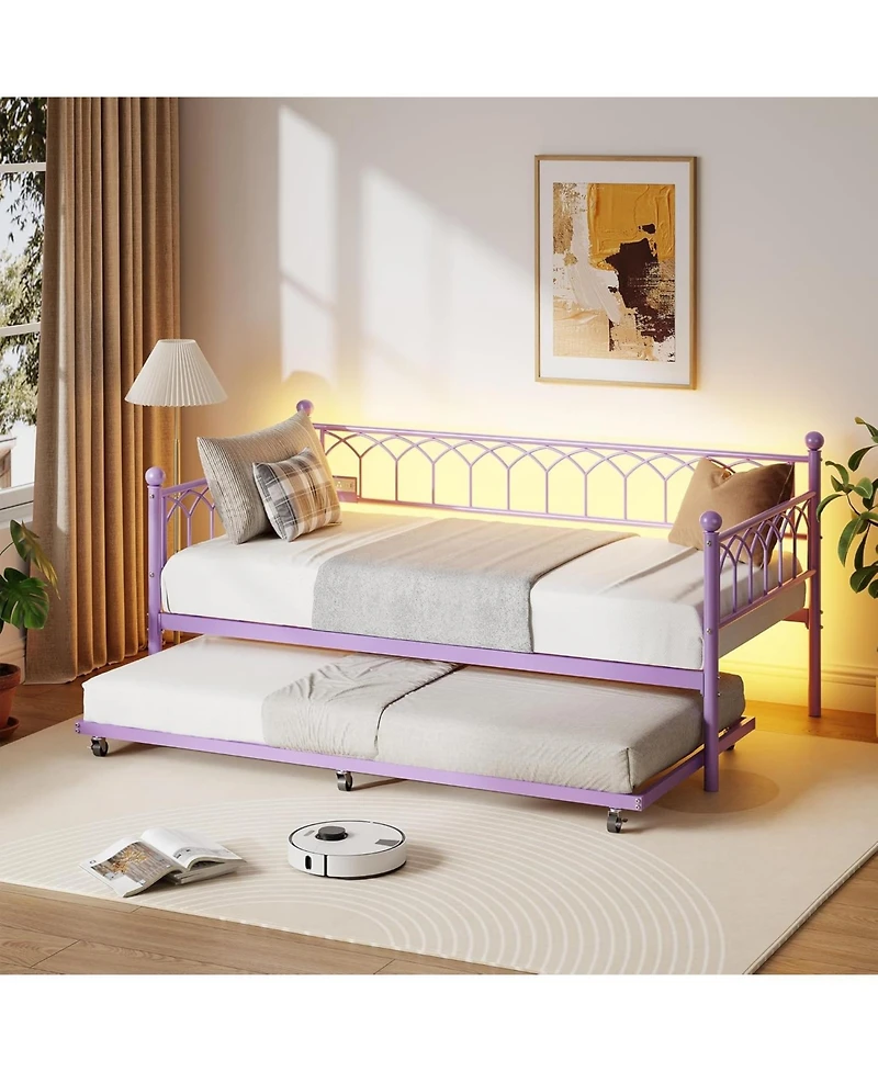gaomon Twin Daybed with Trundle, Sofa Bed Frame with Charging Station & Led Lights, Heavy Duty Metal
