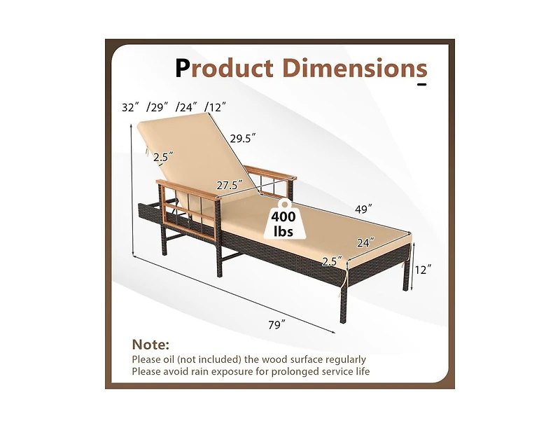 Slickblue Patio Reclining Lounge Chair with 4-Position Adjustable Backrest