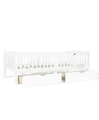 Rainsken Twin Size Low Bed Frame, Wood Kids Platform Bed with Storage Drawers and Full-length Guardrails for Girls Boys, No Box Spring Needed