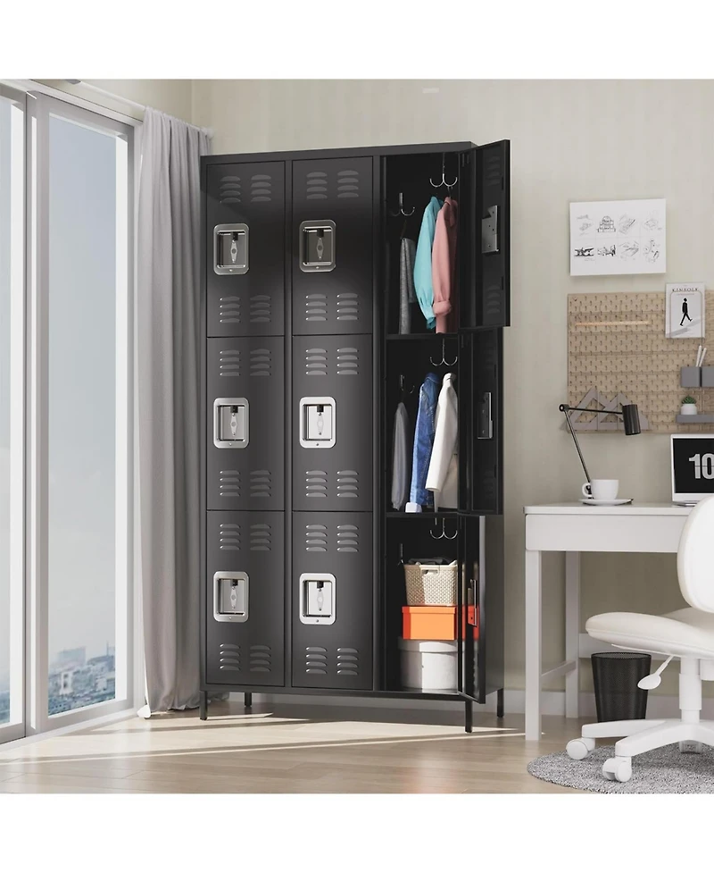 gaomon 72" Metal Storage Cabinet with 9 Doors, Office Locker with 27 Hooks & 9 Shelves, Steel Employee Storage Locker