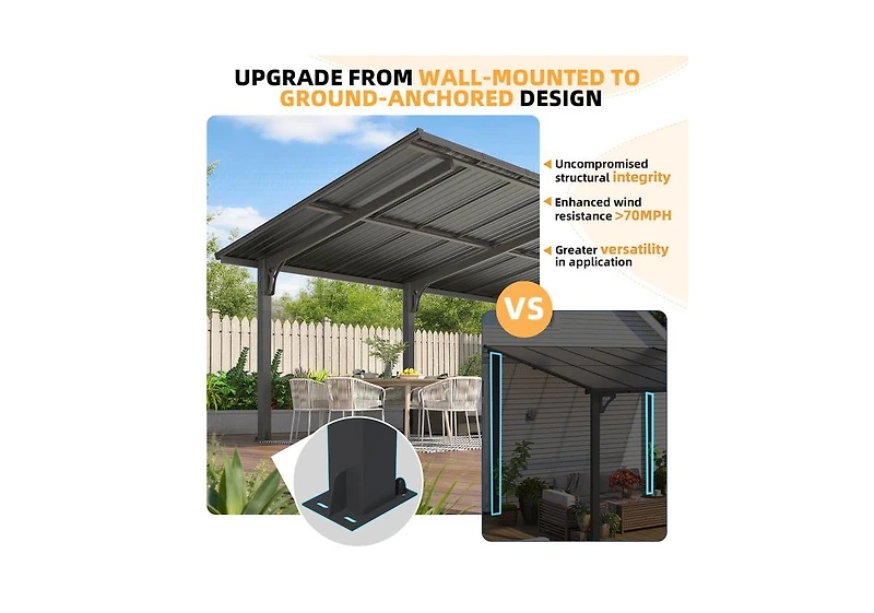 Aecojoy 16'x10' Lean to Hardtop Metal Carport Gazebo, 10x16 Outdoor Freestanding Pergola Gazebo