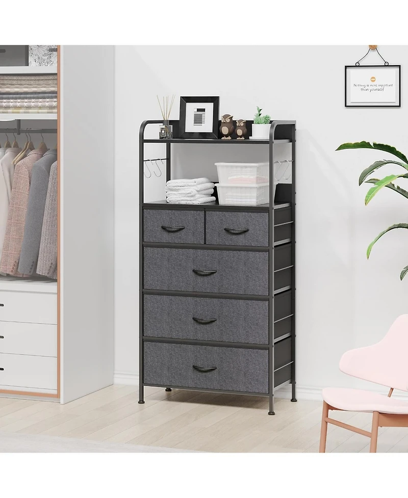 gaomon 5 Drawer Dresser for Bedroom - Storage Organizer Unit with Fabric, Sturdy Metal Frame and Wood Tabletop, Easy Pull Handle.