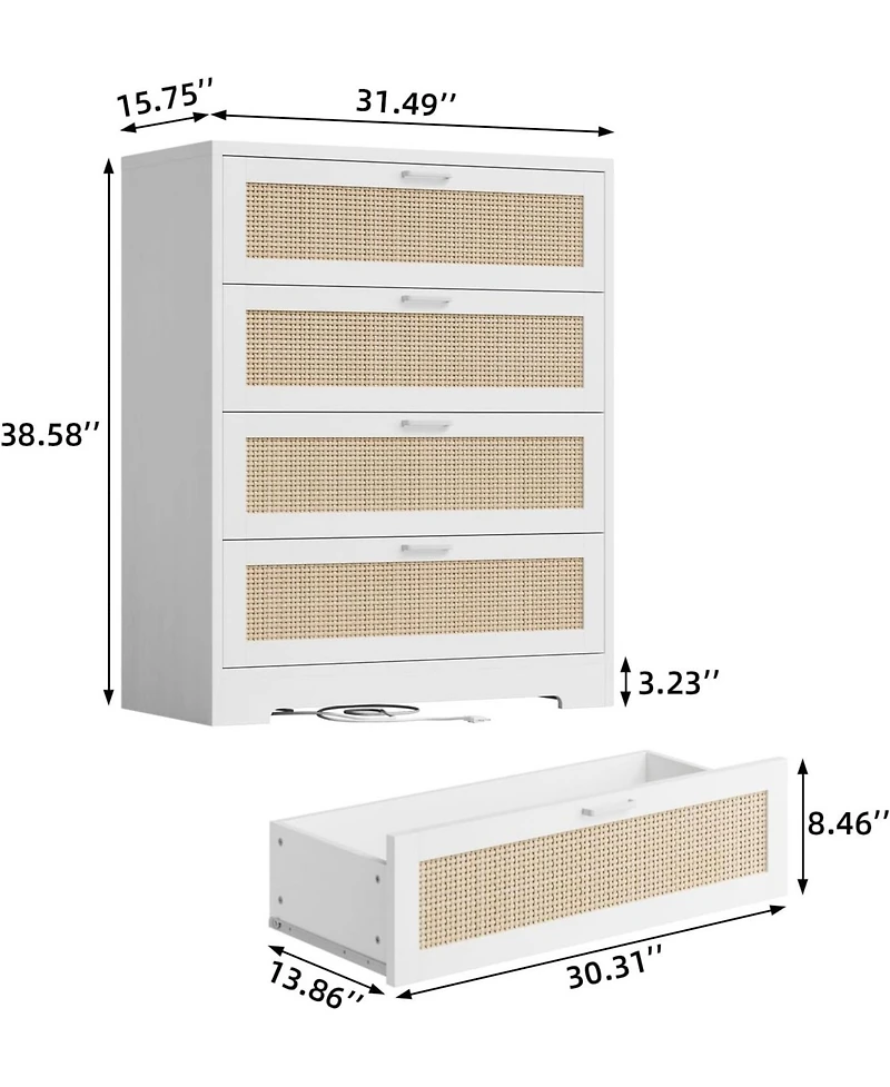 gaomon 4 Drawer Dresser for Bedroom, Rattan Chest of Dressers, Modern Wood Tall with Power Outlets
