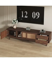 Maison Boucle Mid Century Tv Stand 70'' Media Console Cabinet Rattan Sliding Doors