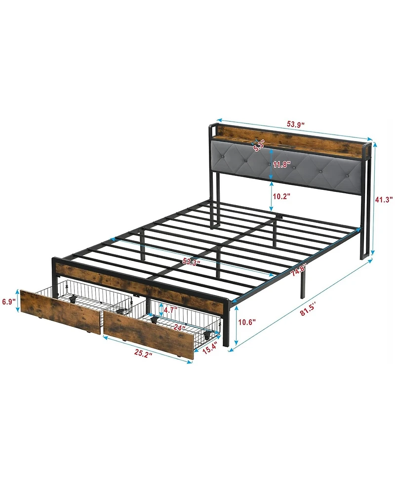 Rainsken Full Size Bed Frame, Heavy Duty Metal Platform Bed with 2 Storage Drawers, Charging Station and Led Lights Upholstered Headboard for Bedroom