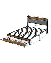 Rainsken Full Size Bed Frame, Heavy Duty Metal Platform Bed with 2 Storage Drawers, Charging Station and Led Lights Upholstered Headboard for Bedroom