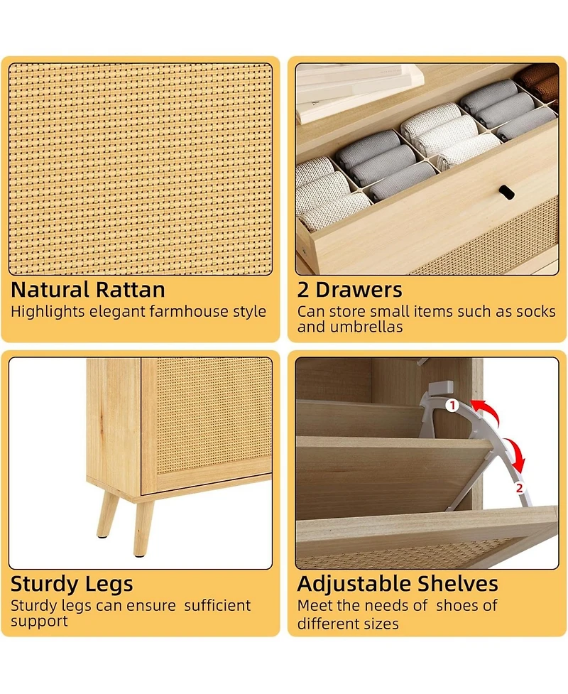 gaomon Large Rattan Shoe Cabinet with 4 Flip Drawers, Freestanding Shoe Storage Organizer