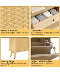 gaomon Large Rattan Shoe Cabinet with 4 Flip Drawers, Freestanding Shoe Storage Organizer