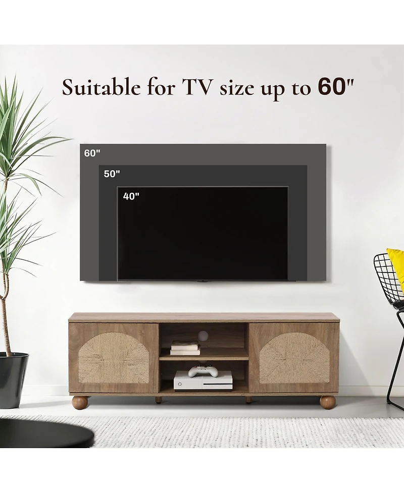 LuxenHome Oak Finish Engineered Wood Tv Console, Round Ball Legs, Functional Storage