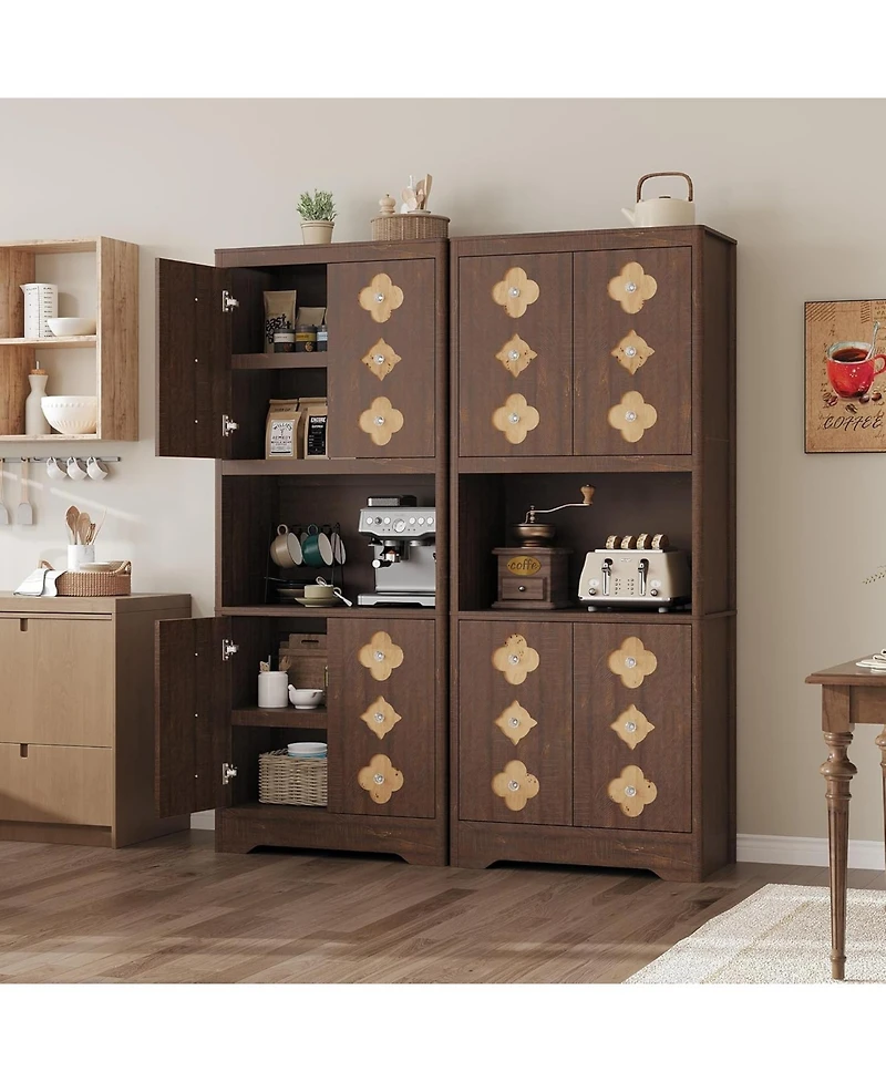 gaomon 72" Tall Pantry Cabinet with Countertop, Freestanding Kitchen Hutch Storage Cupboard Carved Door & Crystal Handle