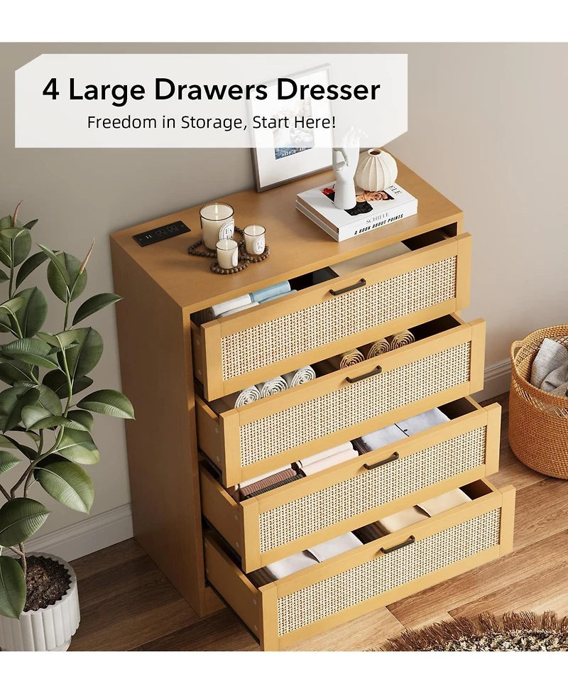 gaomon 4 Drawer Dresser for Bedroom, Rattan Chest of Dressers, Modern Wood Tall with Power Outlets