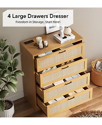 gaomon 4 Drawer Dresser for Bedroom, Rattan Chest of Dressers, Modern Wood Tall with Power Outlets