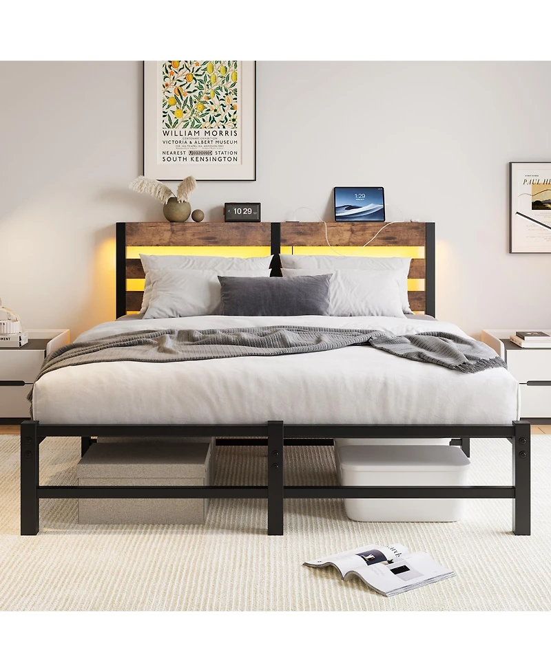 flynama Queen Size Metal Bed Wooden Headboard Rgb Lights Charger Storage