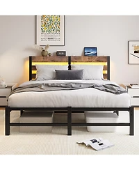 flynama Queen Size Metal Bed Wooden Headboard Rgb Lights Charger Storage